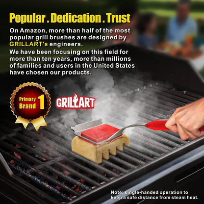GRILLART Grill Brush Bristle Free. SteamWizards BBQ Replaceable Cleaning Head, Unique Seamless-Fit Scraper Tool for Cast Iron/Stainless-Steel Grates, Safe Barbecue Grill Cleaner-Red