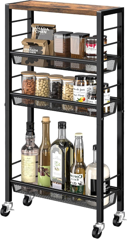 Narrow Storage Cart with Wheels,4-Tier Narrow Kitchen Carts Slim Rolling Cart,Skinny Storage Cart for Small Spaces,Rolling Utility Cart for Livingroom,Diningroom,Office,Laundry Room,Bathroom