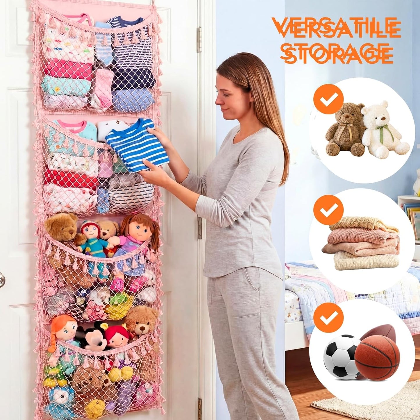 Ofiray-home Cotton Over The Door Stuffed Animal Storage | Toy Organizer for Storage Plush Toys, Stuffed Animal Holder with 4 Large Pockets, Hanging Door Organizer for Nursery