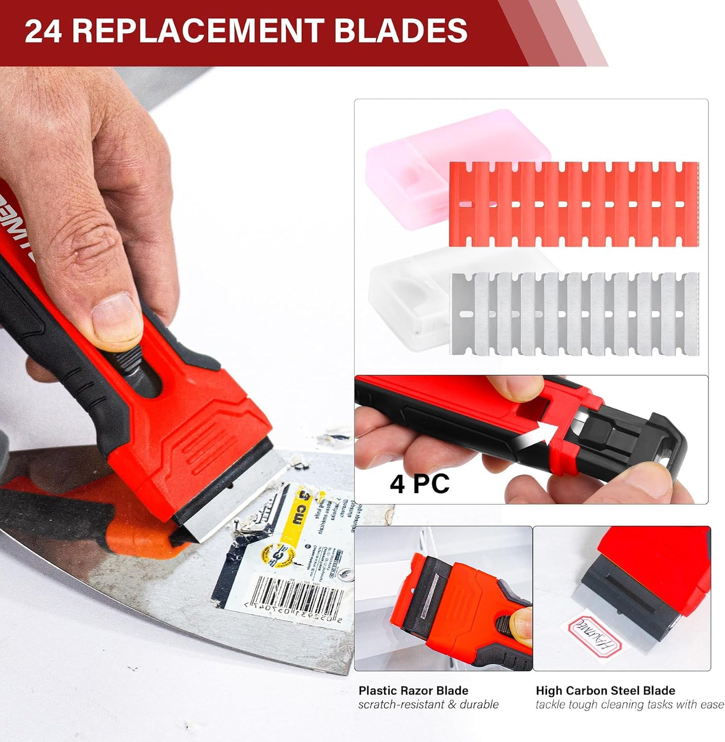 HAUTMEC Razor Blade Scraper Tool, 4" Wider Scraper Tool with 20 Extra Carbon Steel Blades, Razor Scraper for glass scraper, Adhesive, Label, Sticker from Window, Glass, Tile, Floor, Stove 25033