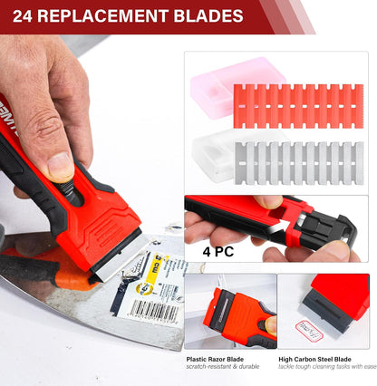 HAUTMEC Razor Blade Scraper Tool, 4" Wider Scraper Tool with 20 Extra Carbon Steel Blades, Razor Scraper for glass scraper, Adhesive, Label, Sticker from Window, Glass, Tile, Floor, Stove 25033