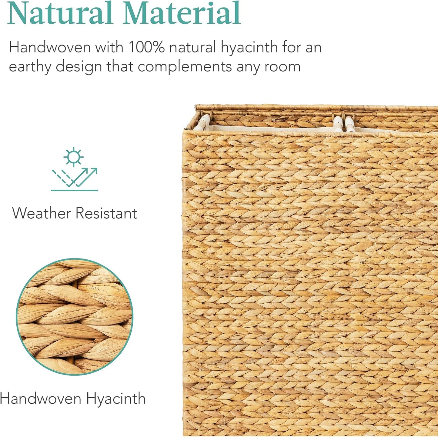 Best Choice Products Large Double Laundry Hamper with Lid, Natural Handwoven Water Hyacinth, 2 Sections w/ 2 Machine Washable Linen Liner Bags, Portable, Handles - Natural