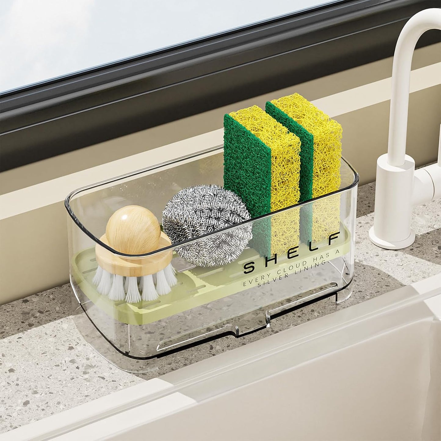 Sponge Holder for Kitchen Sink, Clear Acrylic Sink Organizer with Auto-Draining Tray, Countertop Sink Caddy for Sponges, Soap, Brush & Cleaning Tools