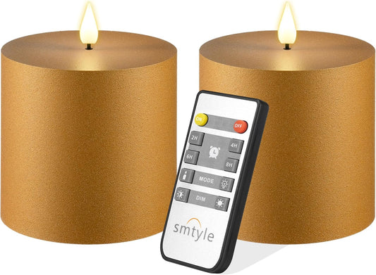 smtyle Vintage Flickering Ivory Plastic Flameless Candles 3 x 3 Inch LED Battery Operated with Remote & Timer, Set of 2 – Neutral Rustic Farmhouse Decor Candles Sandstone Texture Beige