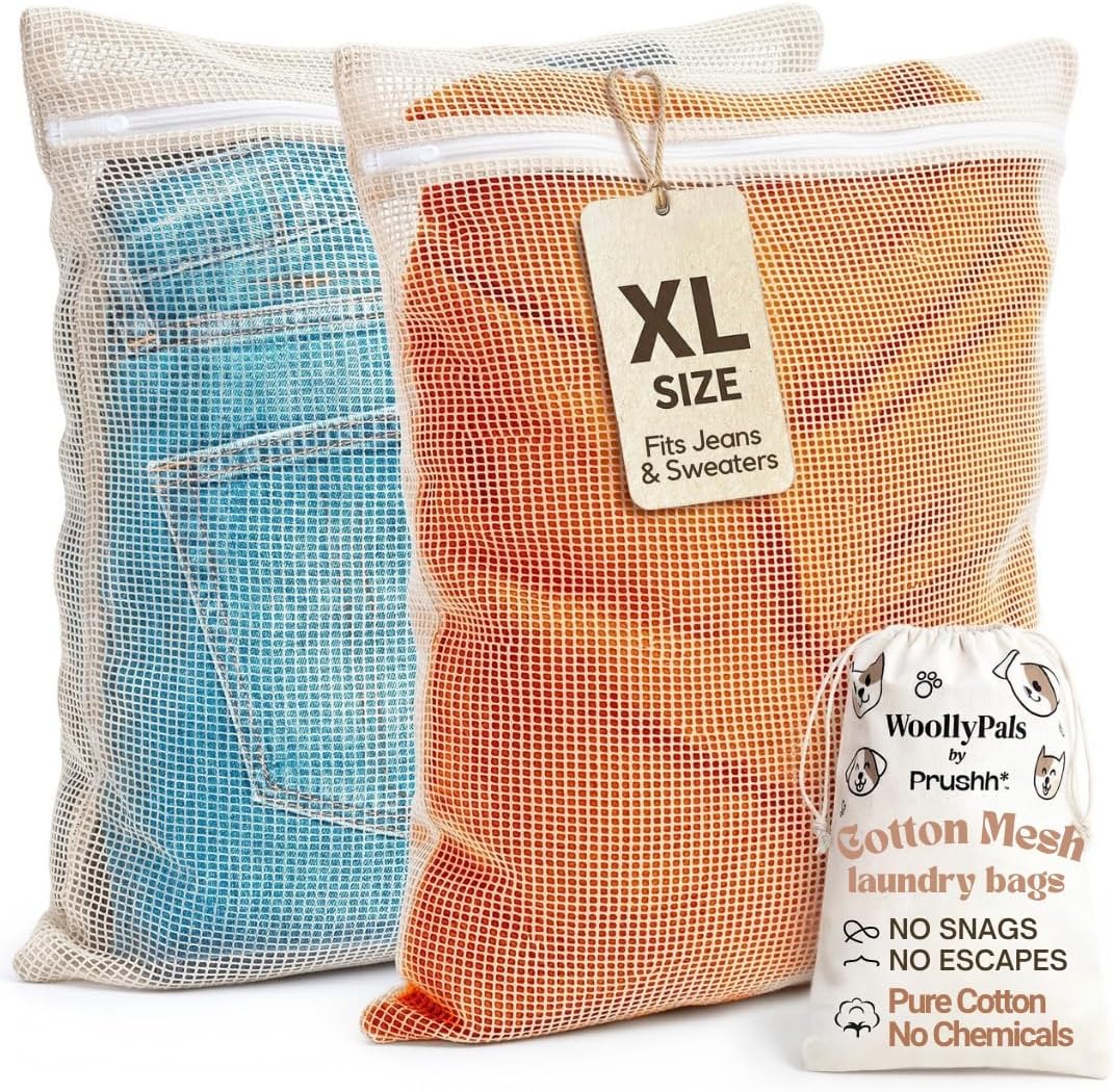 WoollyPals Large Cotton Mesh Laundry Bags (16" x 20") – 2-Pack with Drawstring Storage Pouch – Washer & Dryer Safe, Durable Zipper, Breathable Mesh for Clothes, Delicates, Underwear, Shoes & Lingerie