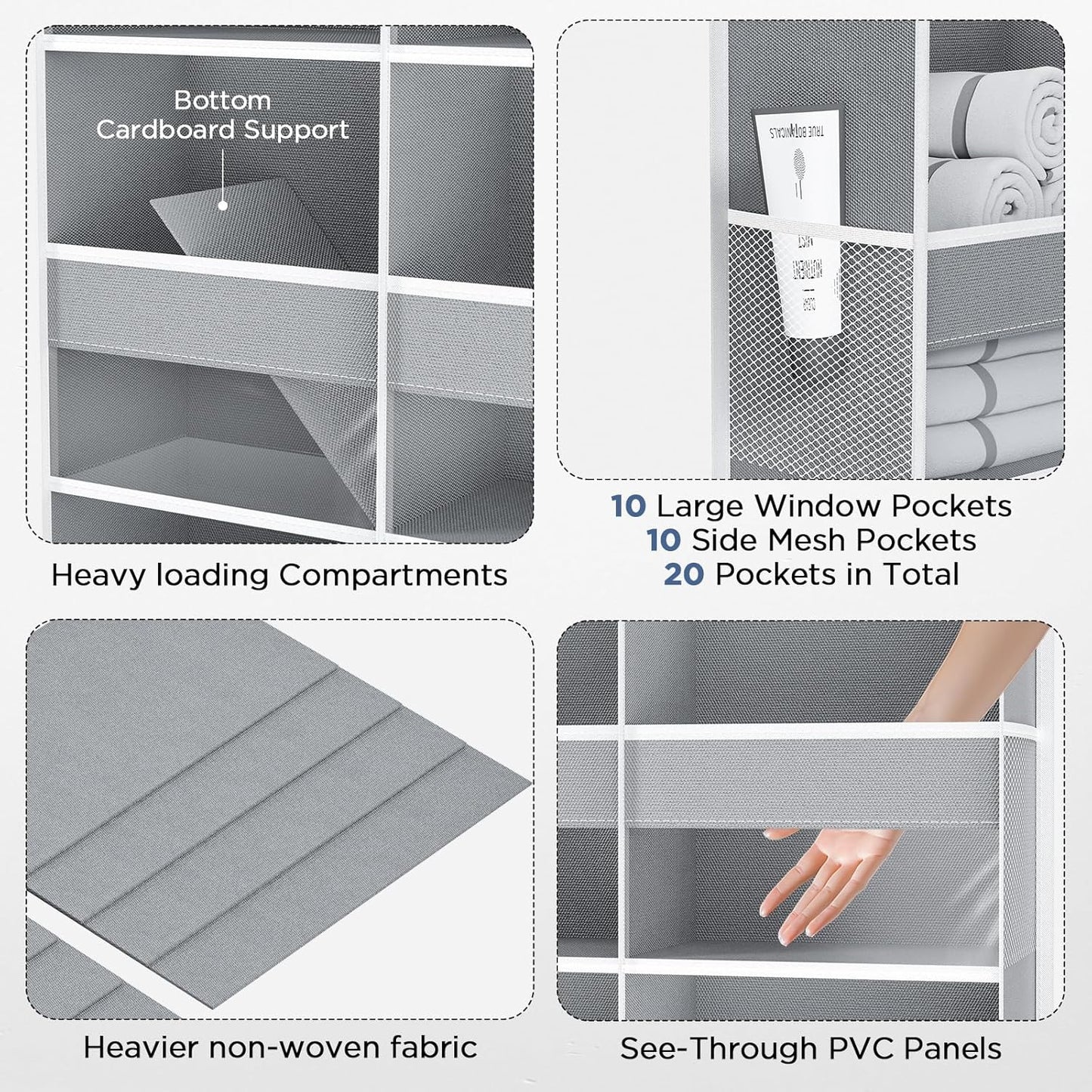 PureSpace 5-Tier Over the Door Organizer, 10 Side Mesh Pockets & Clear Windows, 80LBS Heavy Duty Hanging Storage for Baby Diapers, Shoes, Toys – Ideal for Nursery, Bathroom, Bedroom, Pantry (Grey)