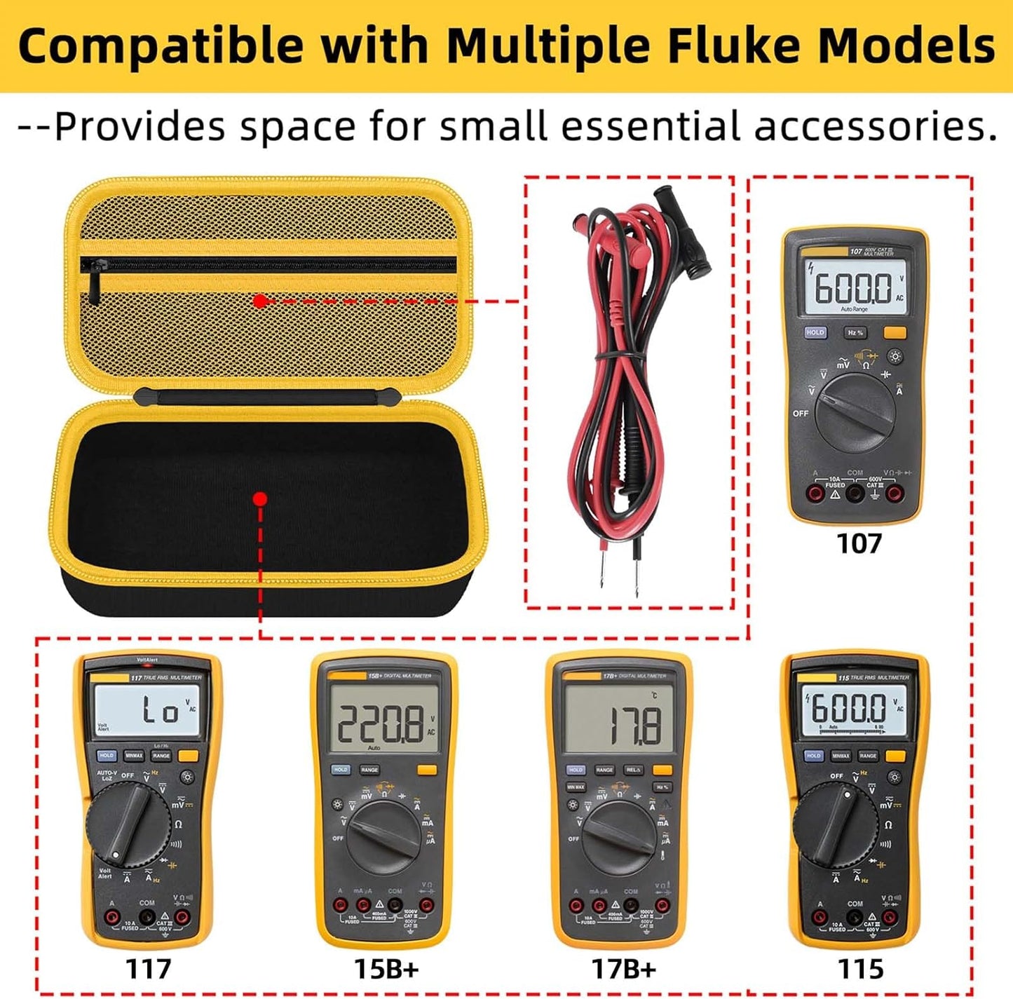 Carrying Case for Fluke 15B+/17B+/Fluke 101/117/115/116/114/113/177/179/233/106/107 Multimeter Testers and Accessories, Multimeter Storage Bag Organizer Box -Black (Case Only)