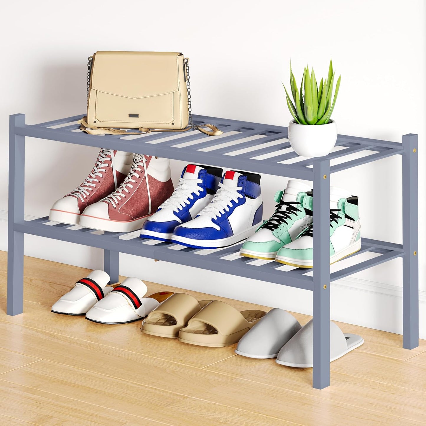 Smiry Bamboo Shoe Rack, 3 Tier Free Standing Wooden Shoe Organizer, Stackable Wood Shoe Storage Shelf for Closet, Entryway, 12 Vertical Slats, 2+1 Stack Standard Legs, 26.8"x11"x19.5", Natural