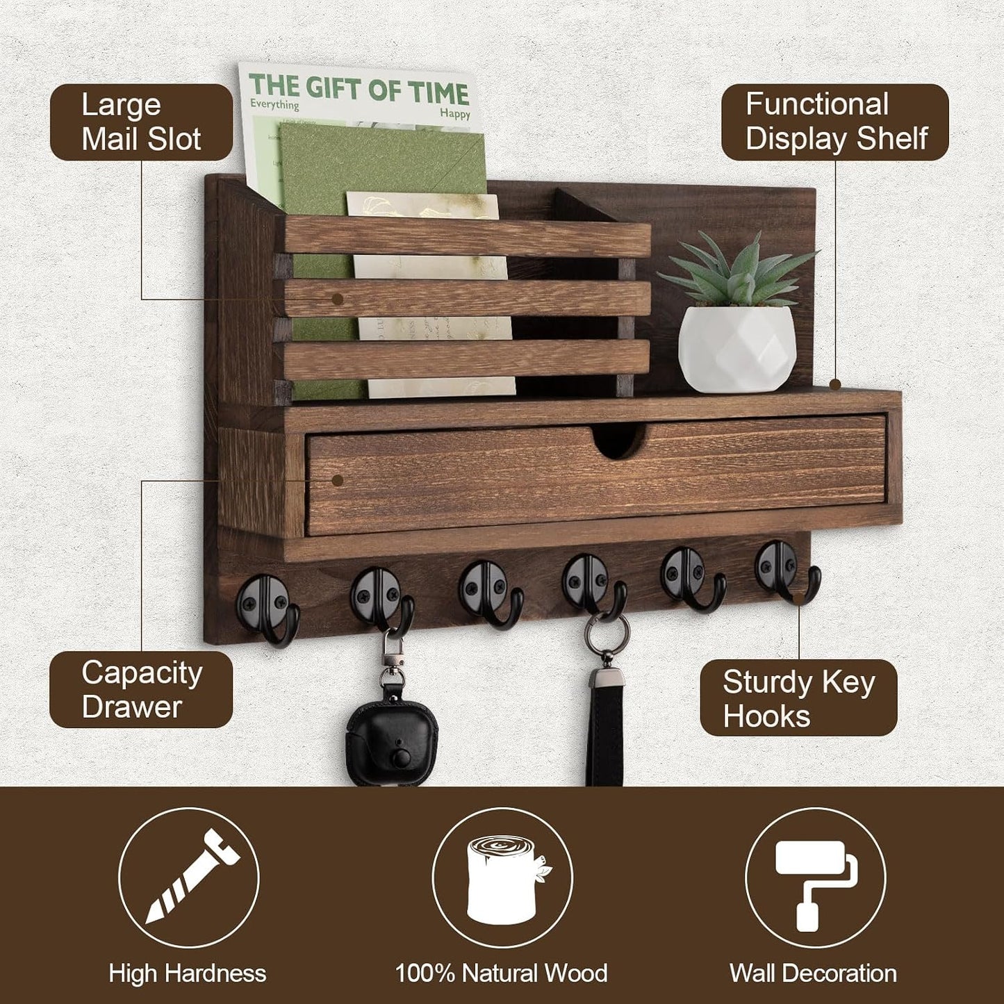 Key Holder Wall Mount, Mail Holder with Storage Drawer and 5 Key Hooks for Coat, Dog Leash, Home Decor Rack, House Accessories, Entry Way Organizer