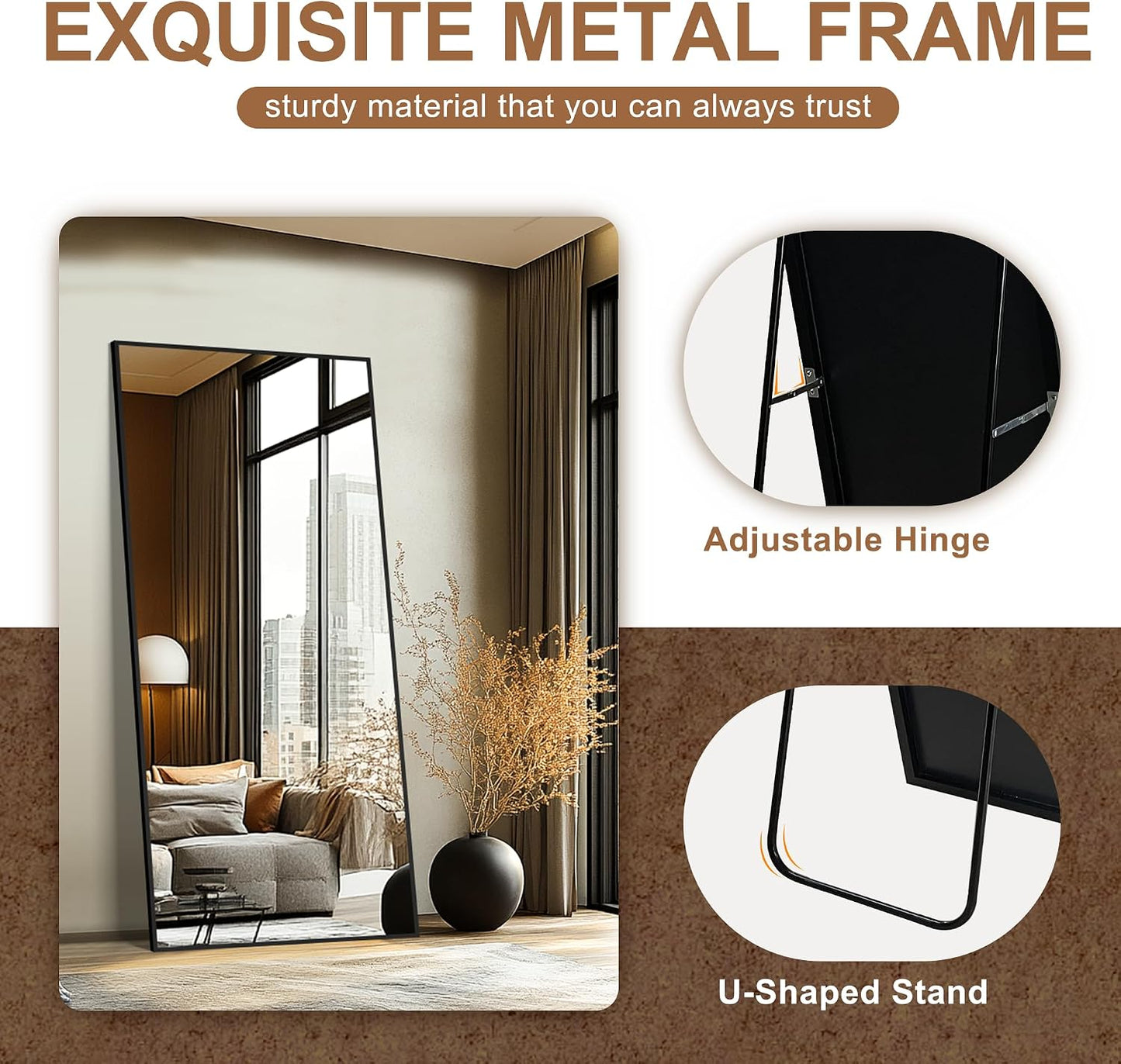 Delma Wall Full Length Mirror,Standing Mirror Full Body,Large Floor for Wall Door Bedroom Bathroom Living Room with Aluminium Frame(with Stand,56x15-Black)