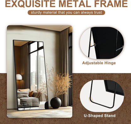 Delma Wall Full Length Mirror,Standing Mirror Full Body,Large Floor for Wall Door Bedroom Bathroom Living Room with Aluminium Frame(with Stand,56x15-Black)