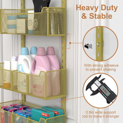 VyGrow Over The Door Organizer, Metal Door Organizer Hanging with 5 Adjustable Baskets and Coat Hook, Behind The Door Storage for Bedroom Closet Bathroom Pantry Cabinet Kitchen, Black