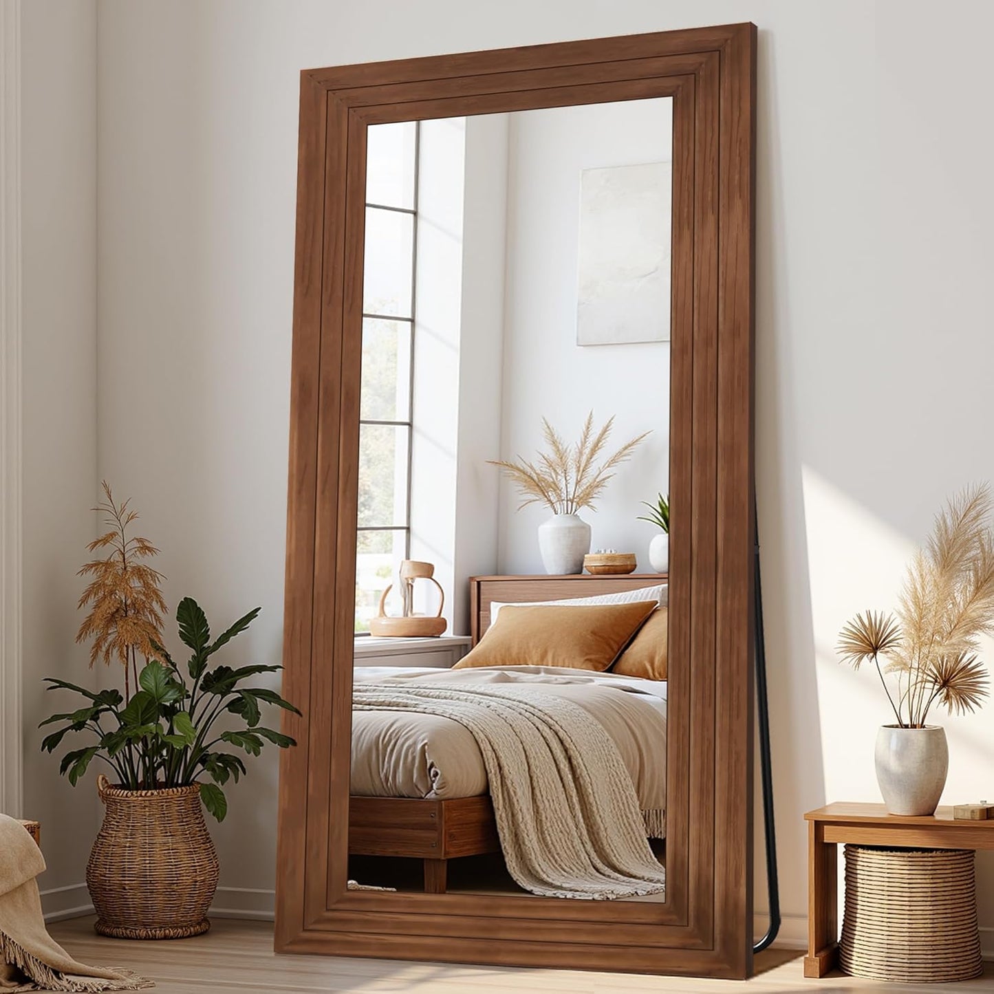 Antok Full Length Mirror with Solid Wood Frame, 71"×32" Wall Mounted Oversized Floor Mirror with Stand, Leaning Standing Hanging for Bedroom Living Room Entryway, Walnut, Arched Syle