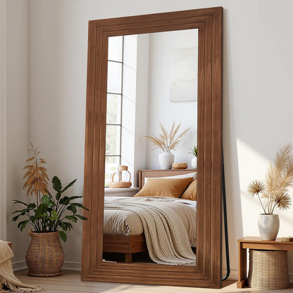 Antok Full Length Mirror with Solid Wood Frame, 71"×32" Wall Mounted Oversized Floor Mirror with Stand, Leaning Standing Hanging for Bedroom Living Room Entryway, Walnut, Arched Syle
