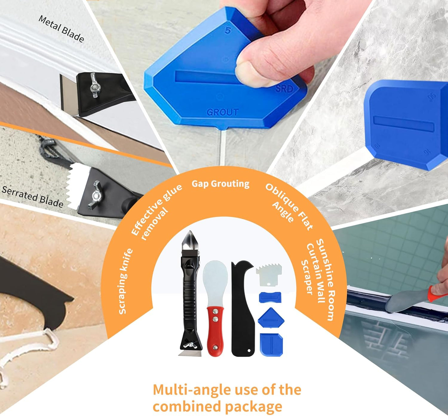 Caulking Tool, Caulk Remover Tool, Putty Knife Scraper, 3 Glass Glue Corner Scrapers, Grout Removal Tool with Stainless Steel Head for Kitchen Bathroom and Window