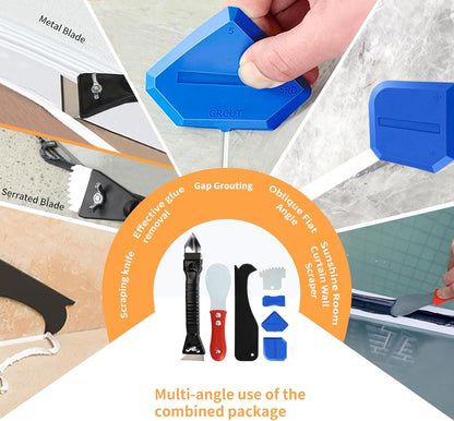 Caulking Tool, Caulk Remover Tool, Putty Knife Scraper, 3 Glass Glue Corner Scrapers, Grout Removal Tool with Stainless Steel Head for Kitchen Bathroom and Window