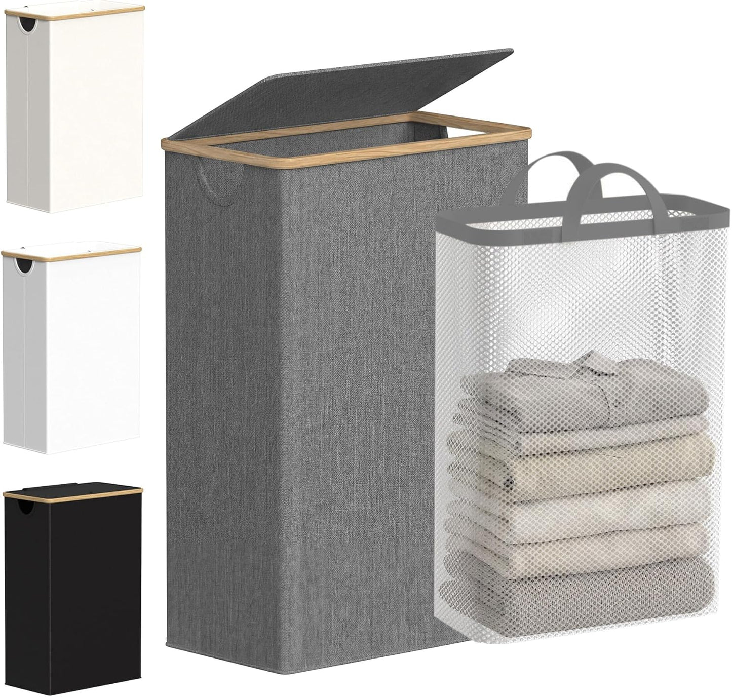 efluky Slim Laundry Basket with Lid, Narrow Laundry Hamper with Removable Bag, Skinny Dirty Clothes Basket with Bamboo Handles for Bathroom, Bedroom & Laundry Room, 75L Beige
