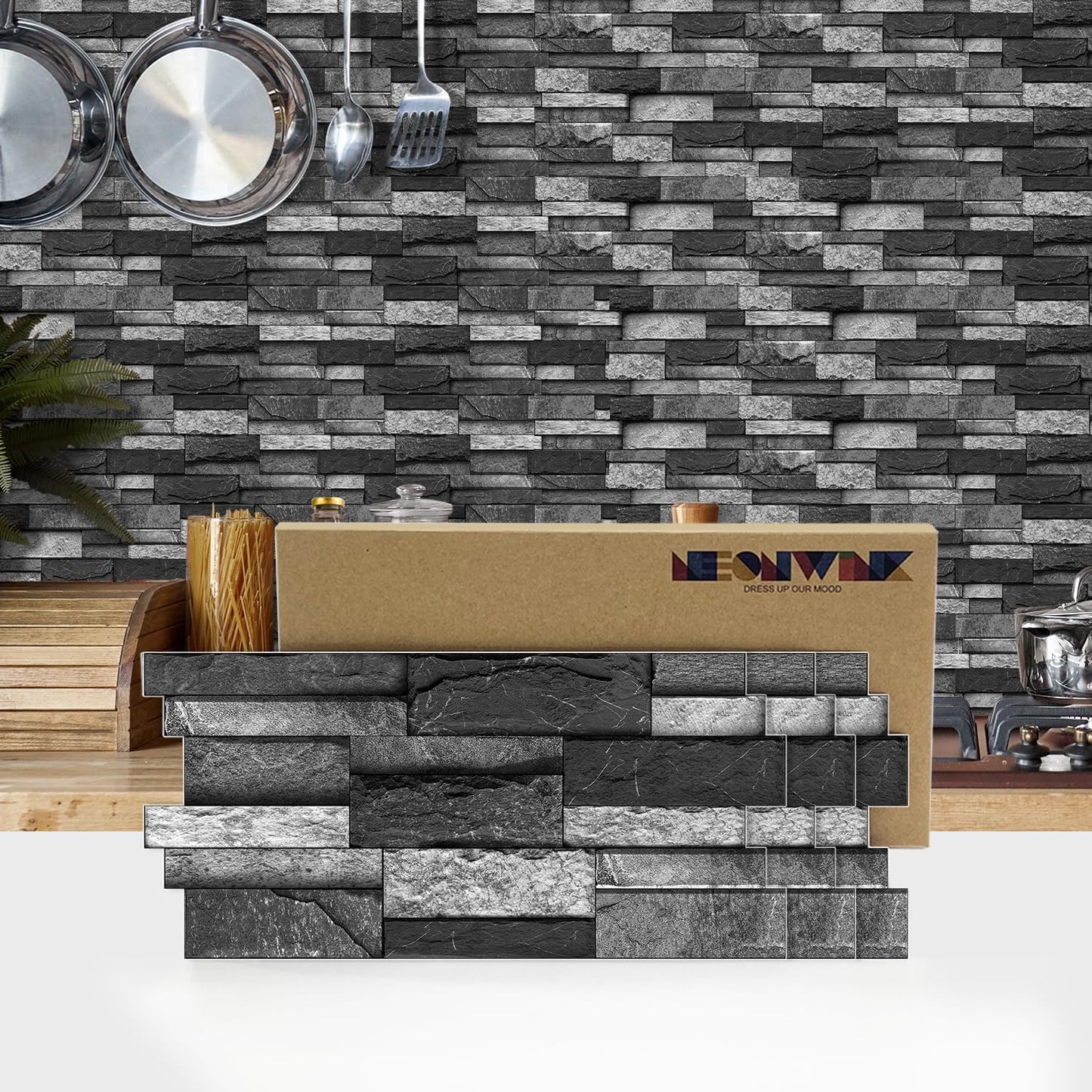 Vinyl Grey Black Tiles backsplash Wallpaper Peel and Stick,Waterproof Tile Decals for Kitchen Bathroom Restaurant Apartment Wall Renovation or Decor(25 Pcs 9.68 * 4.53 inch)