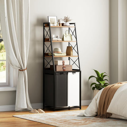 Herture Laundry Basket, 3 Section Laundry Hamper with 4 Tiers Shelf, Pull-Out and Removable Laundry Bags, Large 3 x 15.87 Gallons, for Laundry Room Bathroom Rustic Brown PF05XLN