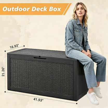 Fancyango 75 Gallon Outdoor Deck Box Waterproof, Large Storage Box for Patio, Resin Storage Bench Lockable for Garden Tools, Package Delivery, Black