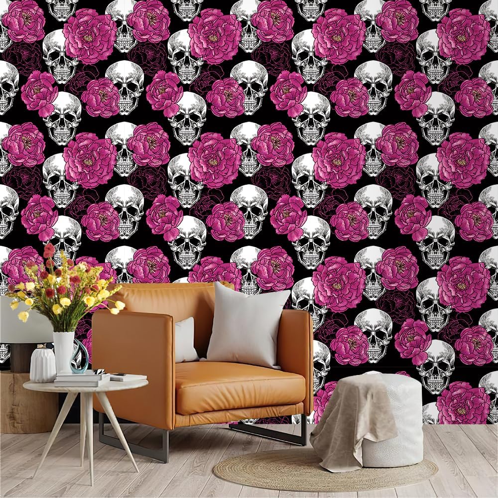 Floral Peel & Stick Wallpaper - Boho Removable Wallpaper for Bedroom & Bathroom - Black/Sand/Oliva - Easy Peel Off - Vintage - Renter Friendly - 118.1" X 17.7"