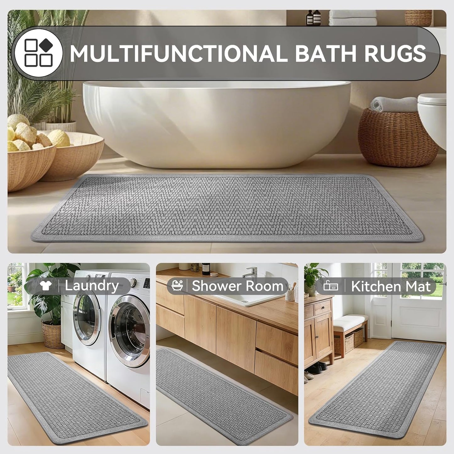 YDKGL Ultra Thin Bathroom Rugs Mat Quick Dry Absorbent Non Slip Bath Mat Bath Mats for Bathtub Mat Bathroom Carpet Fit Under Door Washable Floor Rubber Half Round Bath Rugs Grey 16x24