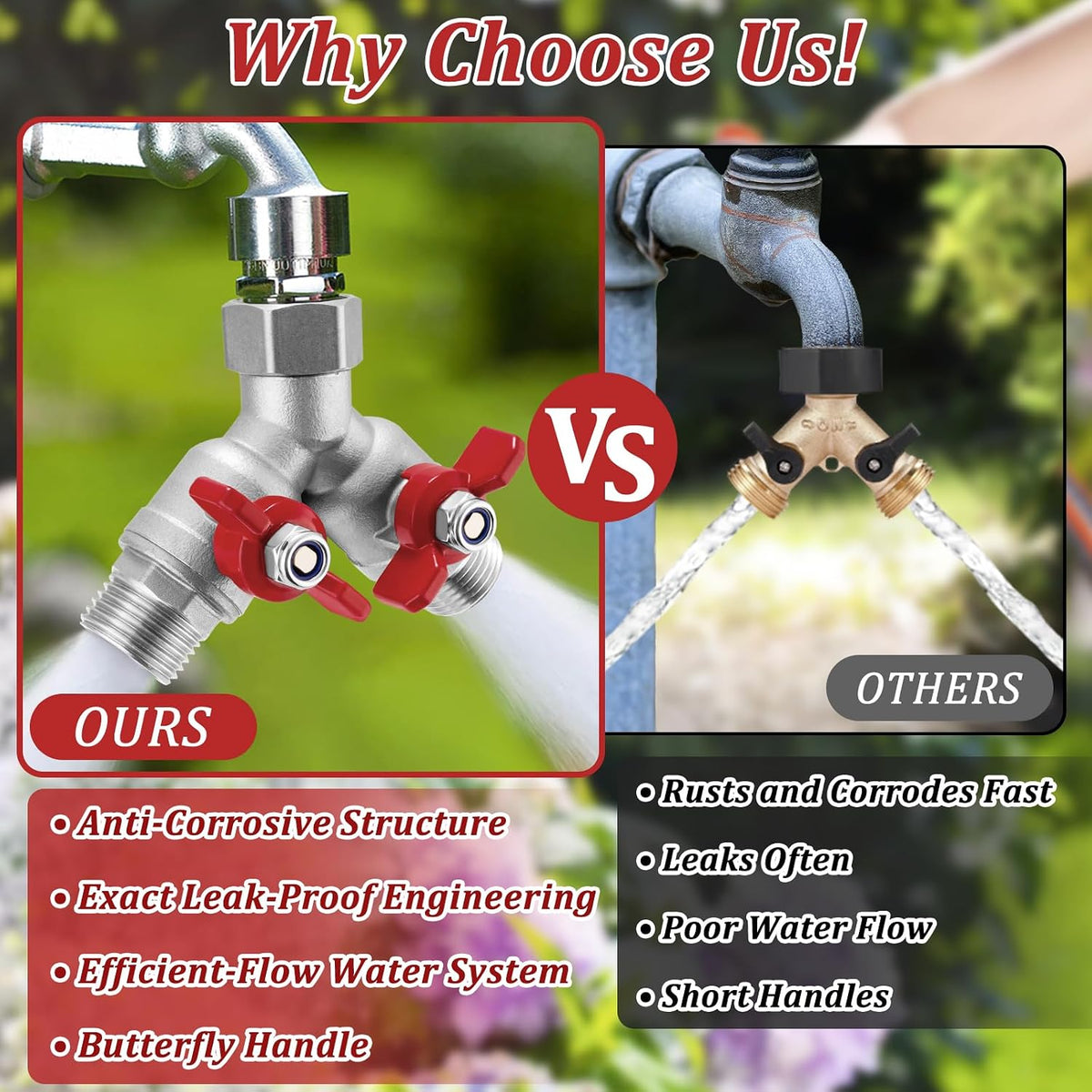 Garden Hose Splitter 2 Way, Heavy Duty Brass Hose Splitter, 3/4" GHT Hose Y Splitter with Shutoff, Full Flow Outdoor Faucet Splitter, Water Hose Y Valve Tap Adapter