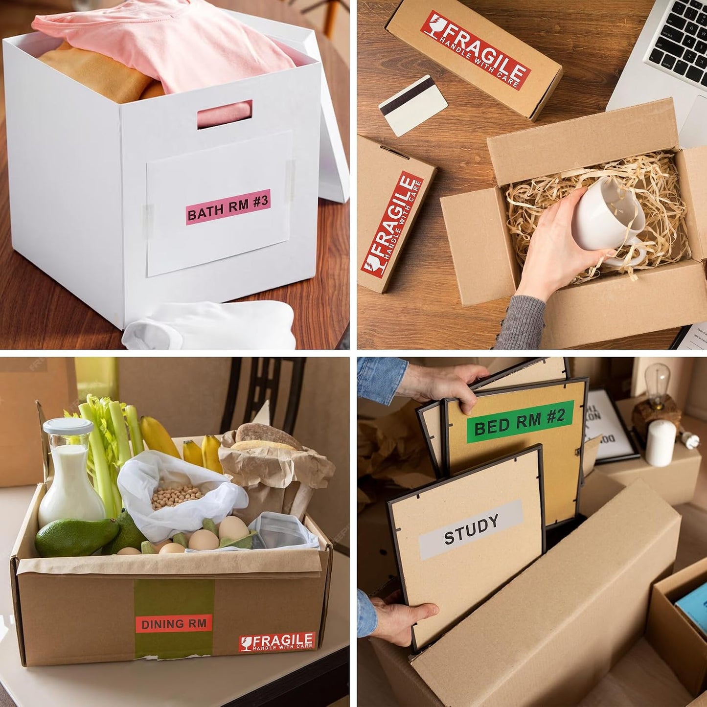 Home Moving Labels for Boxes, 480pcs 4.5"x1" 30 Sheets Removable Strong Adhesive Packing Stickers Fragile & Blank Labels,Pre-Printed Color-Coded Labels for Bedroom Bathroom Home Moving Supplies