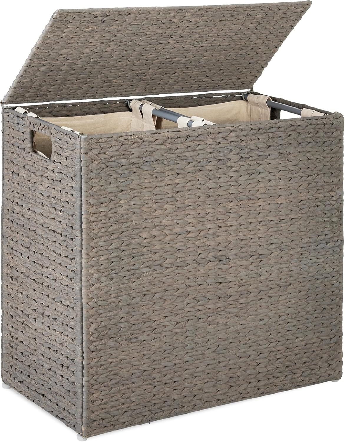 Best Choice Products Large Double Laundry Hamper with Lid, Natural Handwoven Water Hyacinth, 2 Sections w/ 2 Machine Washable Linen Liner Bags, Portable, Handles - Natural