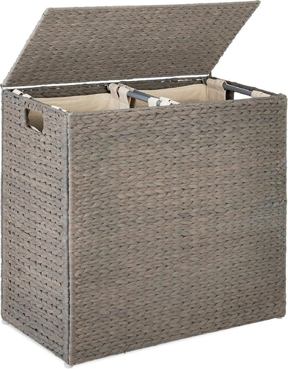 Best Choice Products Large Double Laundry Hamper with Lid, Natural Handwoven Water Hyacinth, 2 Sections w/ 2 Machine Washable Linen Liner Bags, Portable, Handles - Natural