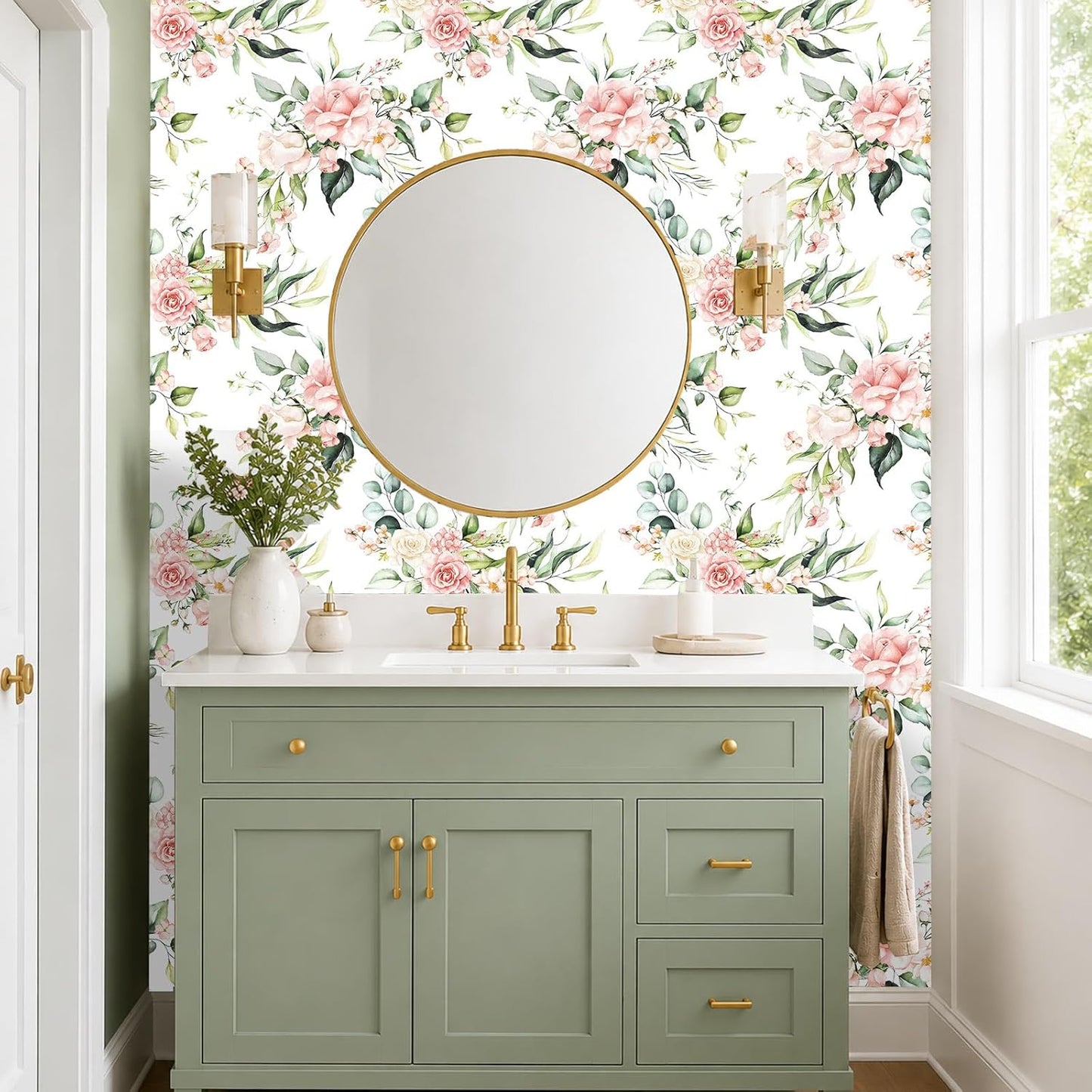 Pink Floral Peel and Stick Wallpaper Self Adhesive Removable Thick Vinyl Watercolor Botanical Flower Accent Wall for Bedroom Bathroom Living Room Renter Friendly 17.7" x 118"