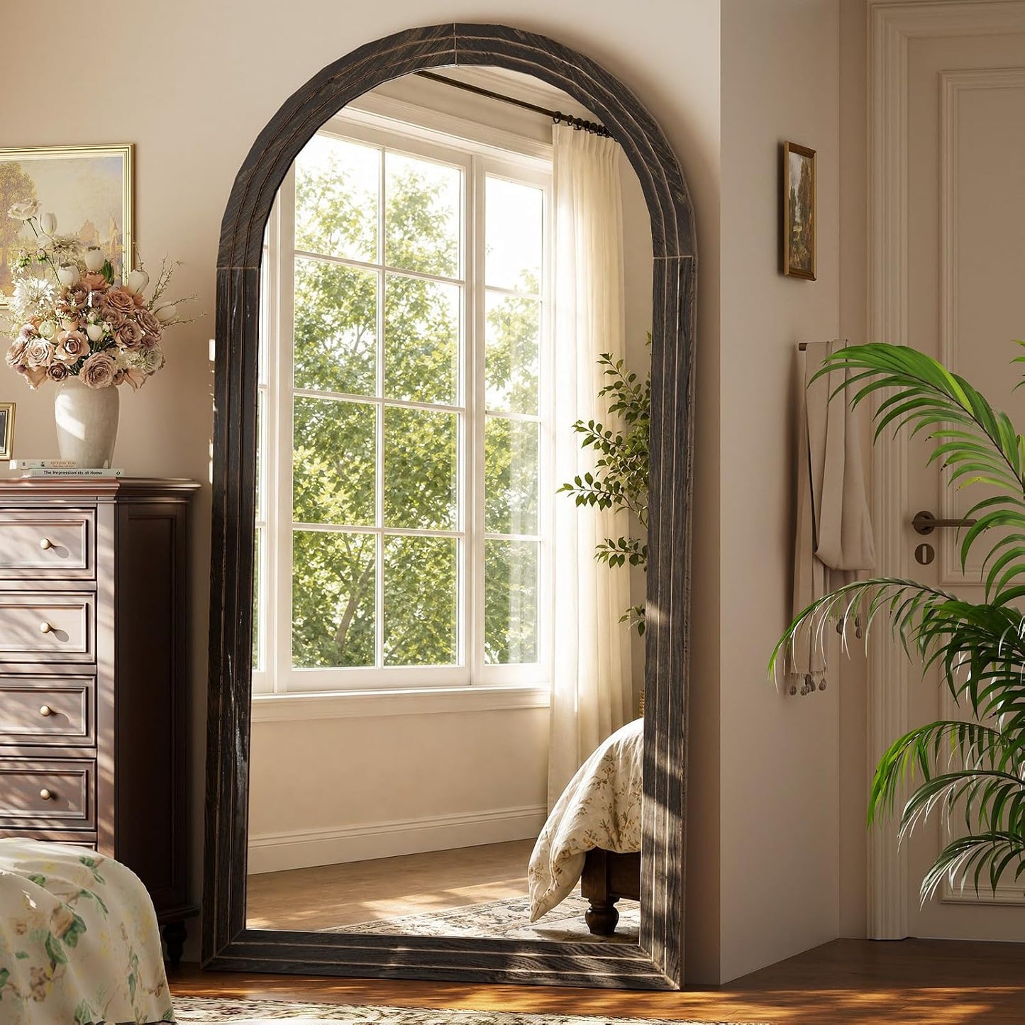 XRAMFY Full Length Mirror 65" x 22", Arched Large Floor Mirror with Solid Wood Frame, Freestanding & Wall Mounted, Antique Brown Finish for Bedroom Living Room