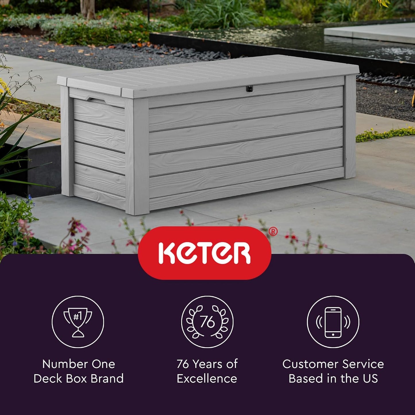 Keter 150 Gallon Resin Large Deck Box Organization and Storage Box for Patio, Outdoor Cushions, Garden Tools, Brown | Hydraulic Pistons, Resin, Weatherproof