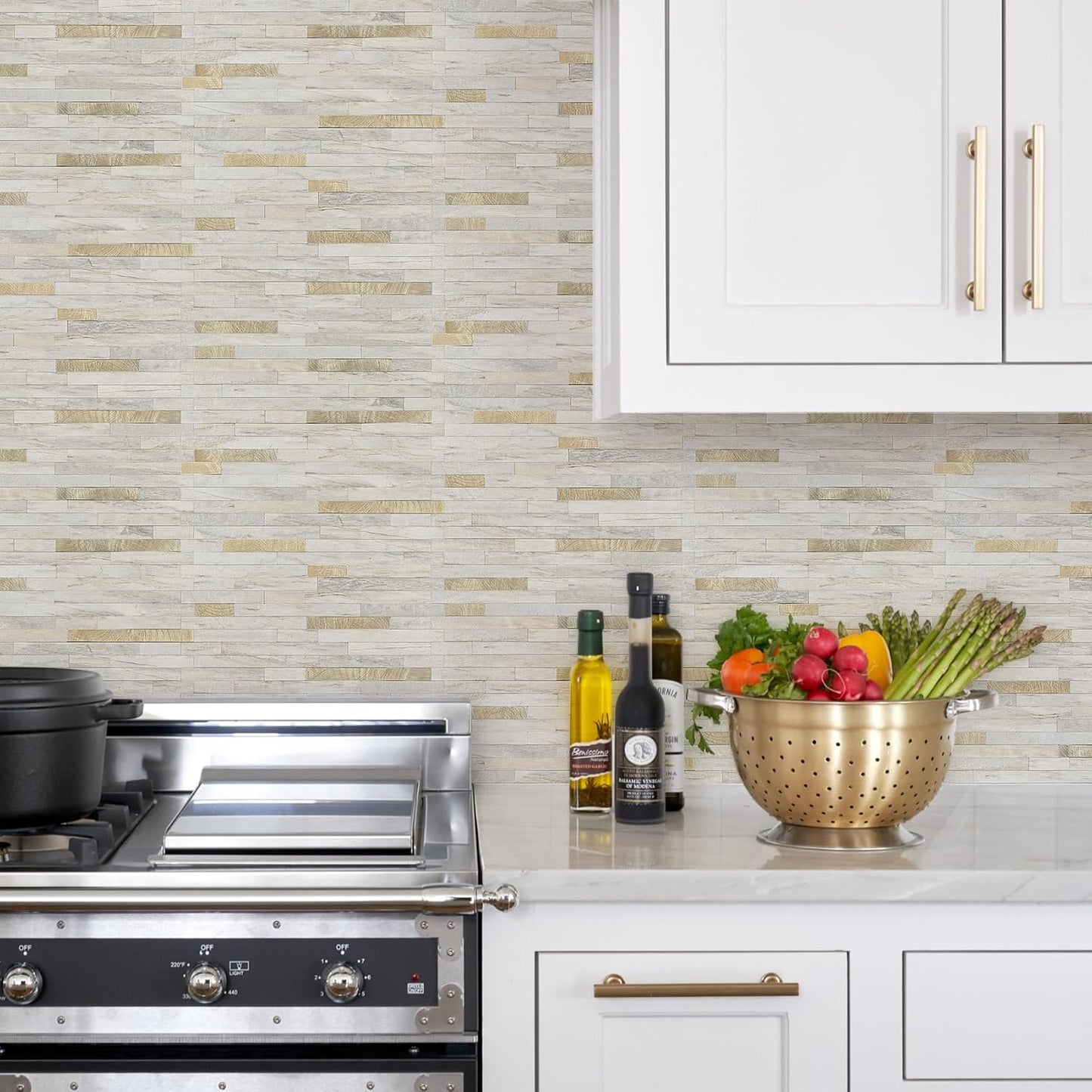 STICKGOO 20 Sheets Peel and Stick Backsplash Tile, Stick on Backsplash for Kitchen and Bathroom, White Sandstone Look PVC Mixed Metal Gold Self Adhesive Wall Tiles