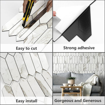 Vamos Tile Glossy Dolomite White Backsplash Tile Peel and Stick, 12.8 x 12.8 Inch 10 Sheets Long Hexagon PVC Self Adhesive Mosaic Wall Tiles Stick on Backsplash for Kitchen and Bathroom