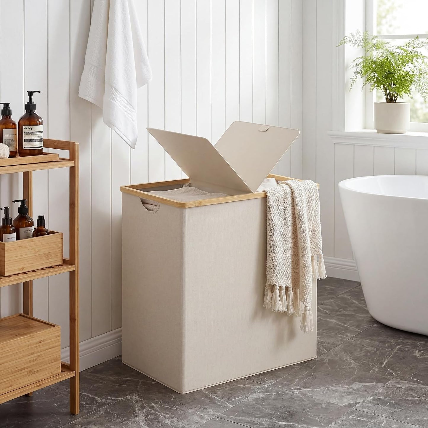 efluky Laundry Hamper with Lid, Trio Laundry Basket with 2 Removable Bags, 3 Section Laundry Bin with Bamboo Handles for Bathroom, Bedroom & Laundry Room, 160L (42.3 Gallon) Beige