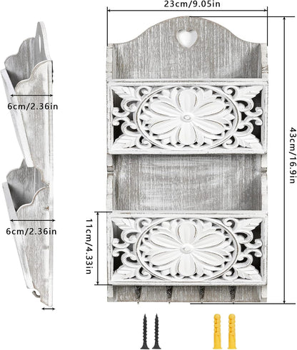 Mail Organizer Wall Mounted, 2 Slots Key Holder for Wall with 8 Hooks, Rustic Wood Key Rack with Shelf for Entryway Hallwall Farmhouse
