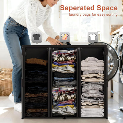 WOWLIVE 180L Laundry Hamper with Lid 3 Section, Large Laundry Basket with Removable Bags, Heavy Duty Metal Frame Dirty Clothes Hampers for Laundry, Laundry Basket Organizer for Laundry Room,Dorm,Black