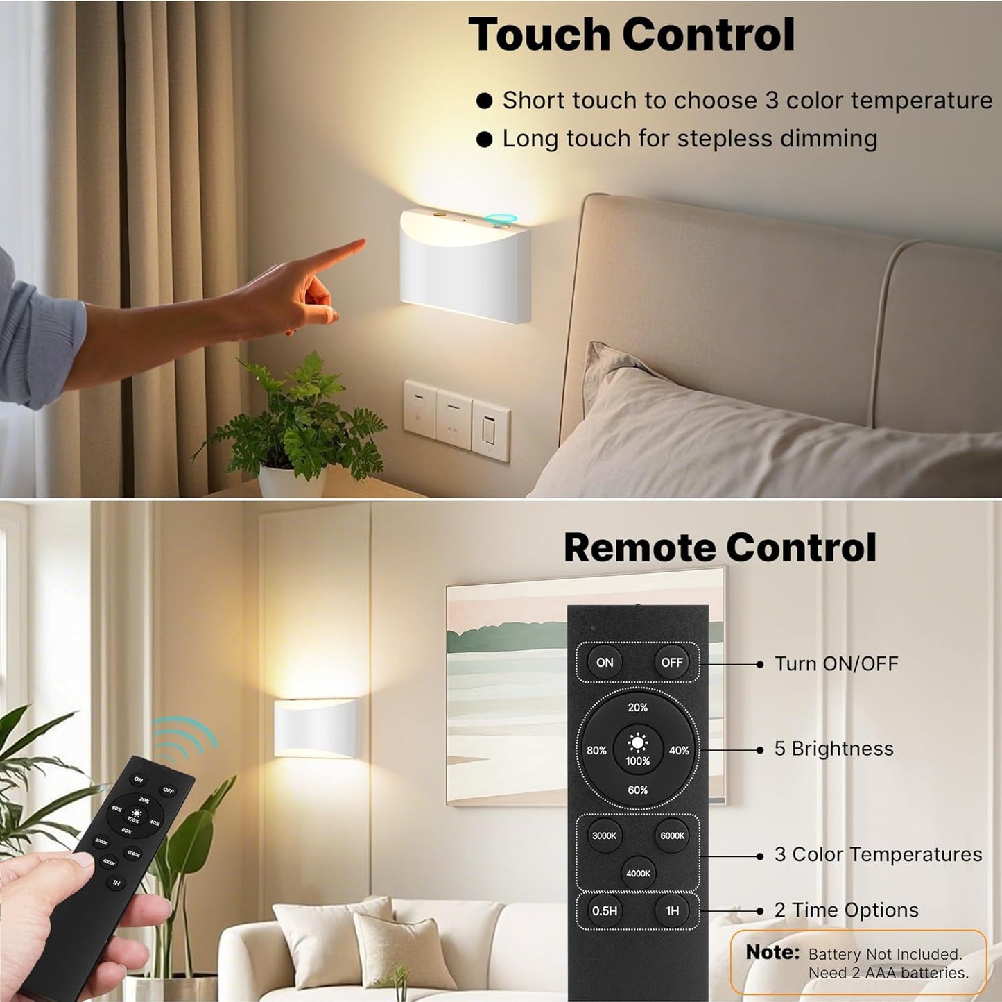 FOLKSMATE Battery Operated Wall Sconces Set of 2, 8000mAh Rechargeable Remote & Touch Control Wall Lamps, 3 Color Temperatures, Timer Dimmable Light for Bedroom, Living Room, Hallway