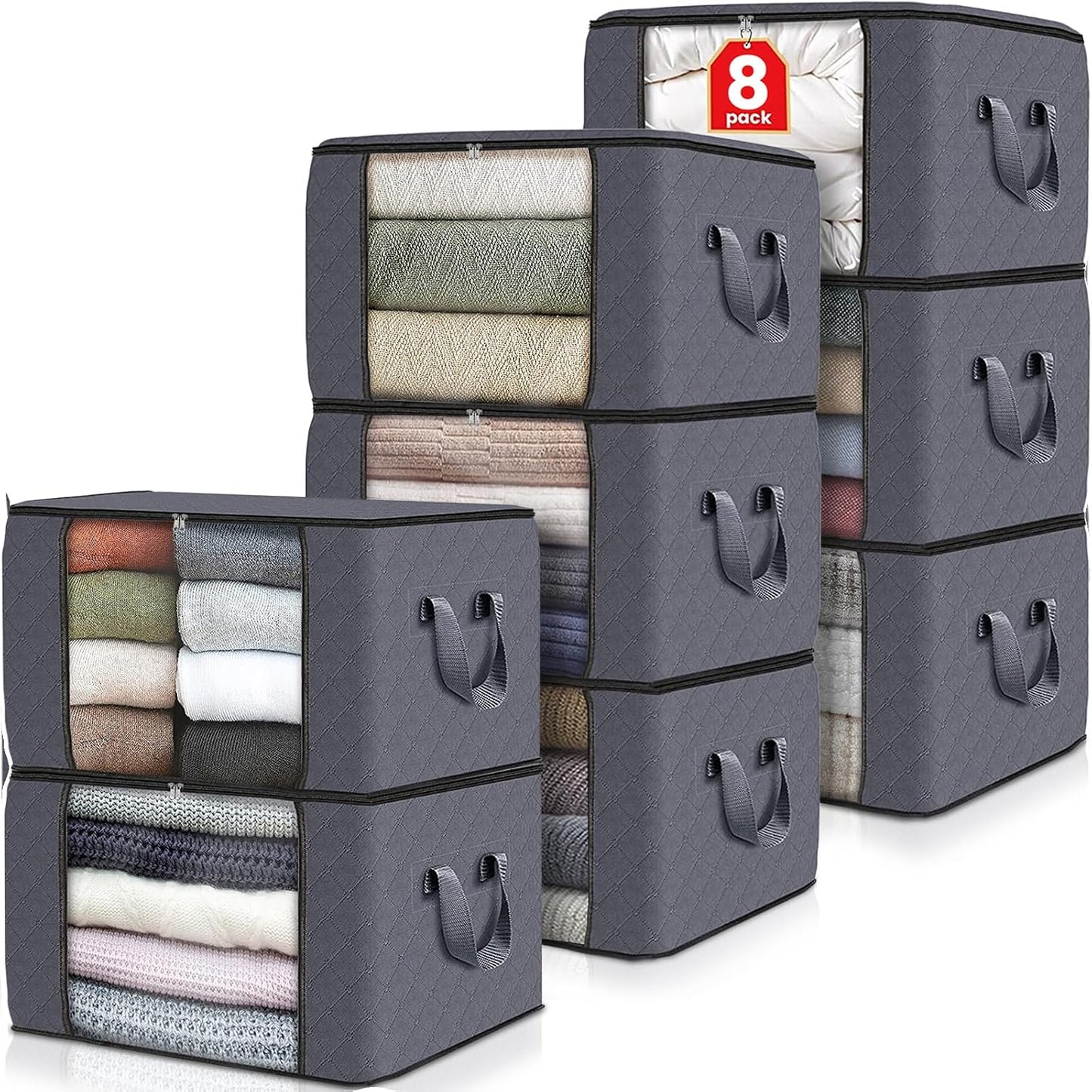 Fab totes 6 Pack Storage Bags for Clothes and Blanket, Foldable Closet Organizers and Storage with Zippers, Clear Window and Handles, Fabric Storage Bins for Sweater, Comforter, Bedding,Linen Sheets