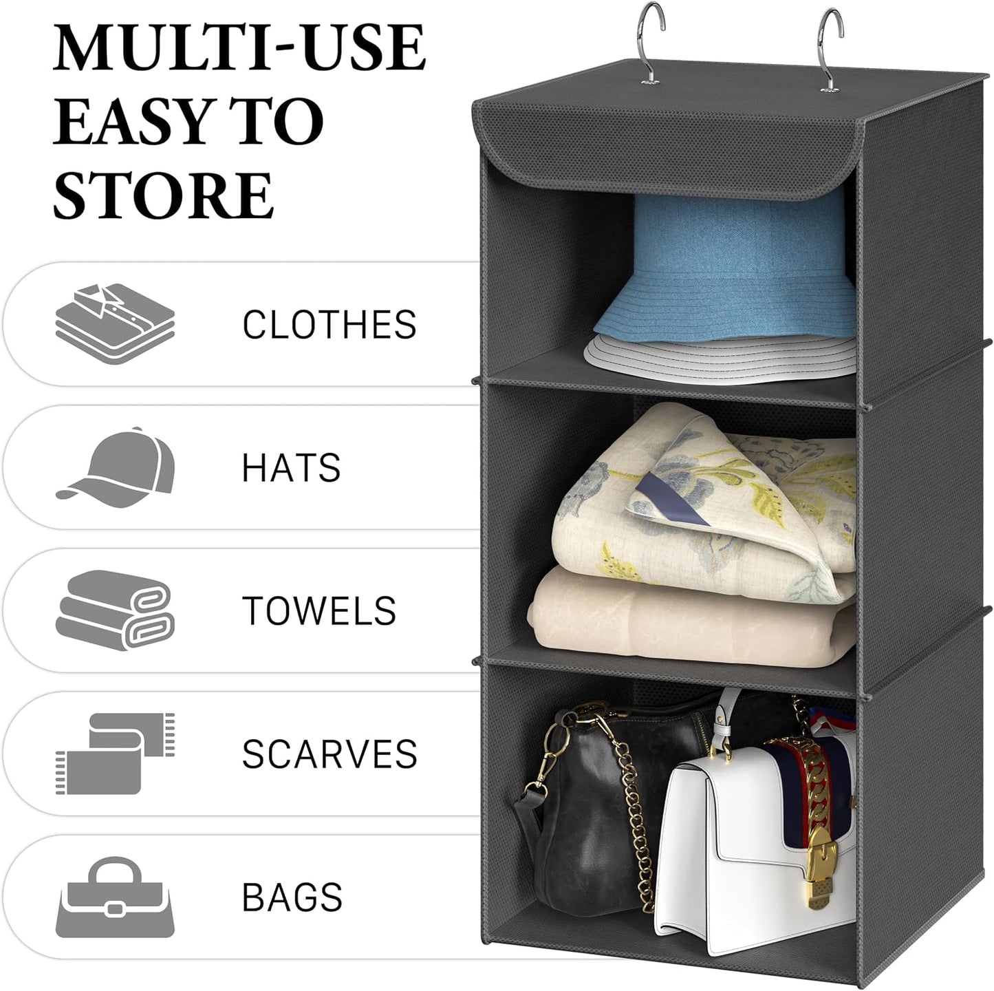Simple Houseware 3-Shelf Hanging Closet Organizer, Fabric Storage Shelves with 57L Capacity, Black