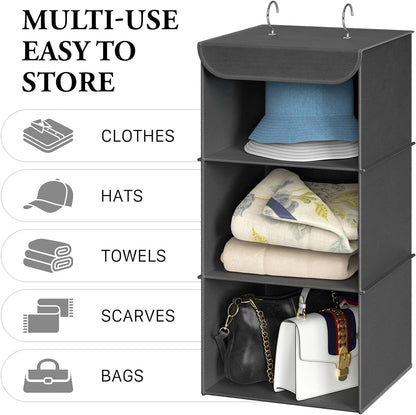Simple Houseware 3-Shelf Hanging Closet Organizer, Fabric Storage Shelves with 57L Capacity, Black