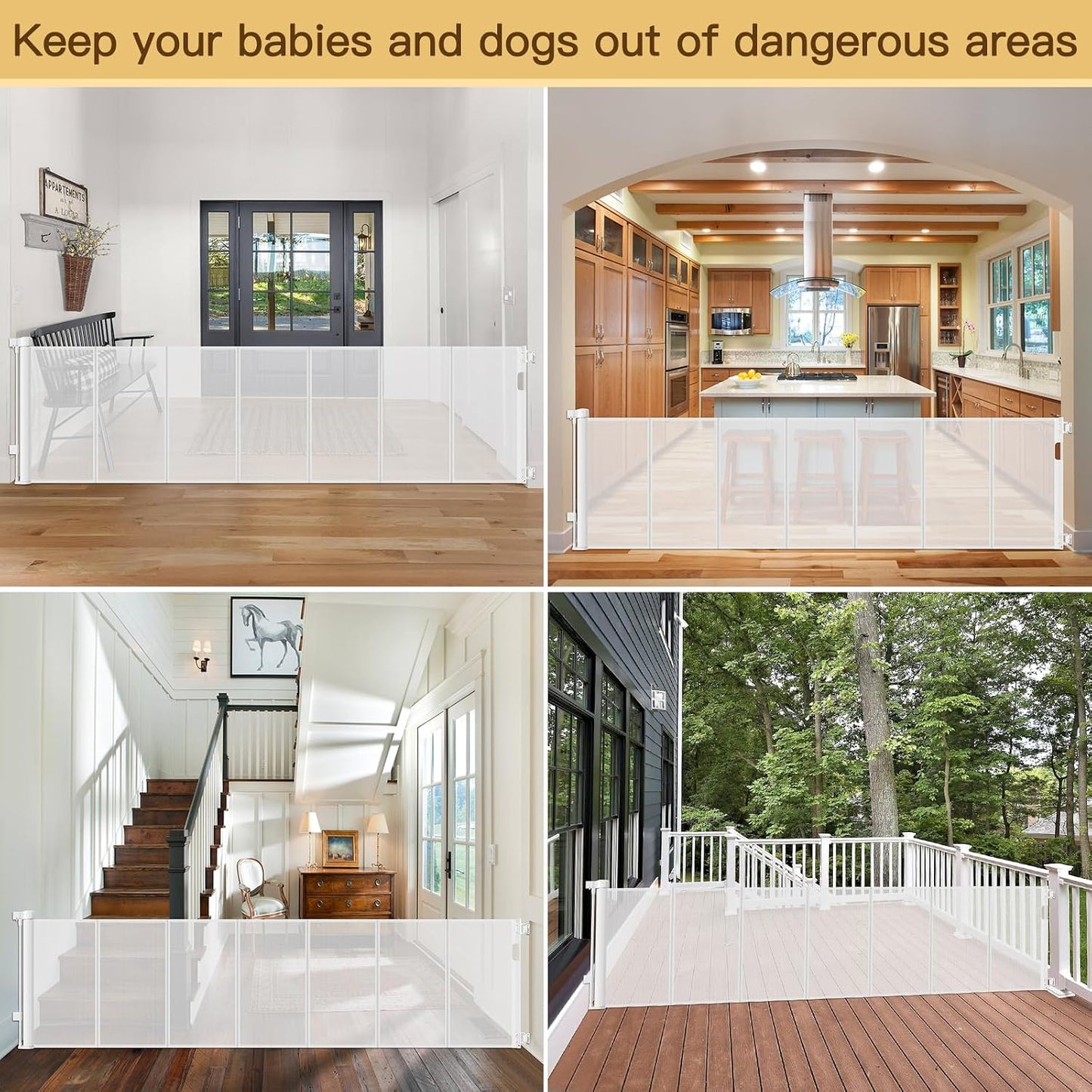 Reinforced 55" Wide Retractable Baby Gates with Reinforced Strips, Indoor/Outdoor Retractable Dog Gate for Doorway Prevent Bottom Drilling Through, No Bottom Bar Safety Mesh Baby Gate for Stair, Black