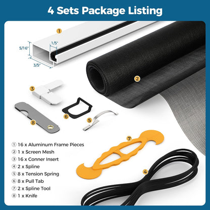 Augblinds 2 Sets Window Screen Frame Kit, 5/16 in x 3/5 in x 46 Inch, Makes Two Complete Screen 46" x 46" or Smaller, Includes Premium Screen Mesh, 8 Heavy Duty Corners & Durable Spline, White