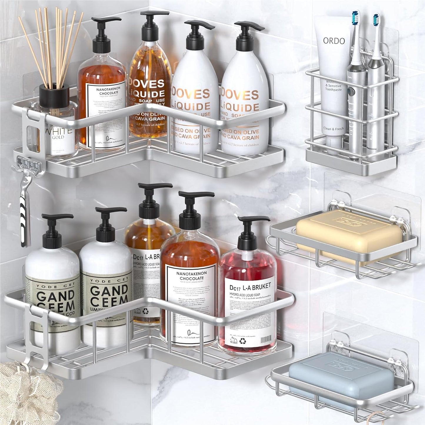 YASONIC Corner Shower Caddy, 5-Pack Adhesive Rustproof Stainless Steel Shower Organizer with Soap Holder, No Drilling Shower Shelf for Inside Shower, Dorm, Renters, Black