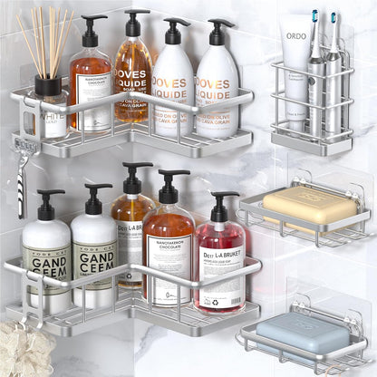 YASONIC Corner Shower Caddy, 5-Pack Adhesive Rustproof Stainless Steel Shower Organizer with Soap Holder, No Drilling Shower Shelf for Inside Shower, Dorm, Renters, Black