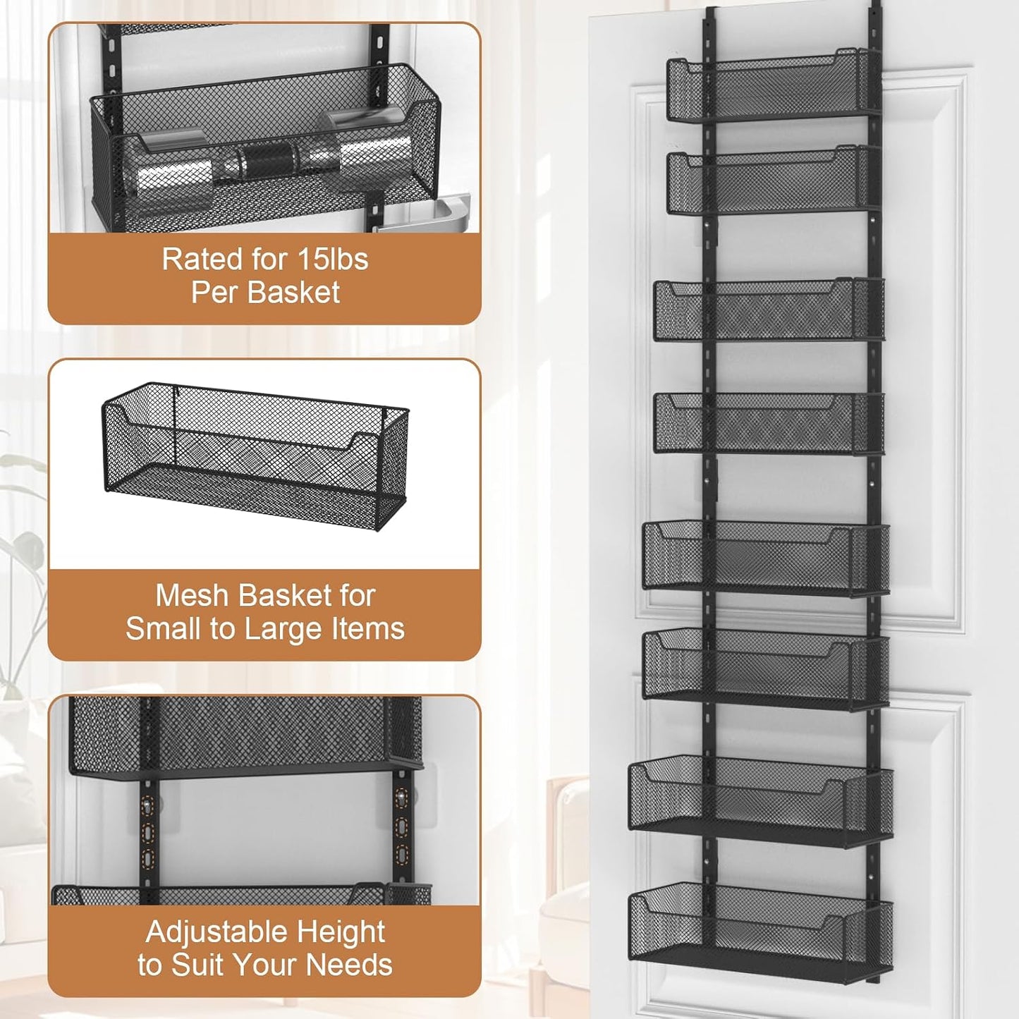 VyGrow Over The Door Organizer, Metal Door Organizer Hanging with 5 Adjustable Baskets and Coat Hook, Behind The Door Storage for Bedroom Closet Bathroom Pantry Cabinet Kitchen, Black