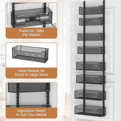 VyGrow Over The Door Organizer, Metal Door Organizer Hanging with 5 Adjustable Baskets and Coat Hook, Behind The Door Storage for Bedroom Closet Bathroom Pantry Cabinet Kitchen, Black