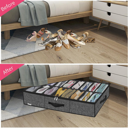 Onlyeasy Sturdy Under Bed Shoe Storage Organizer, Set of 2, Fit 12 to 24 Pairs, Underbed Shoes Closet Storage Solution with Clear Window, Breathable, L29.3 x W23.6 x H5.9, Linen-like Black, MXAUBSB2P