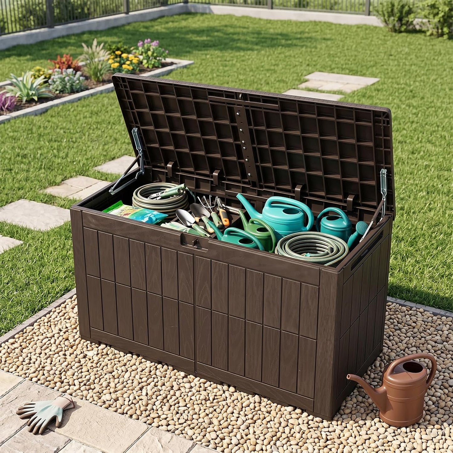 Tangkula 25 Gallon Waterproof Outdoor Storage Box with Lockable Lid | PP Resin, Wicker Patterned, Indoor Outdoor Use, Portable, Versatility, for Deck, Pool, Patio Cushions, Garden Tools